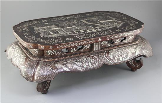 A Chinese Ryuku Islands lacquer and mother of pearl small Kang table, 17th/18th century, length 60cm